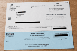 UK vehicle registration certificate