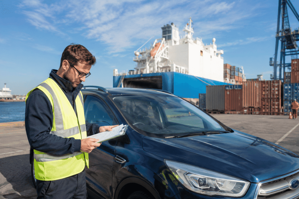 Shipping agent checking car import documents UK at port before customs clearance