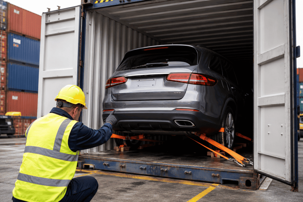 Car being loaded and secured inside a shipping container for overseas transport