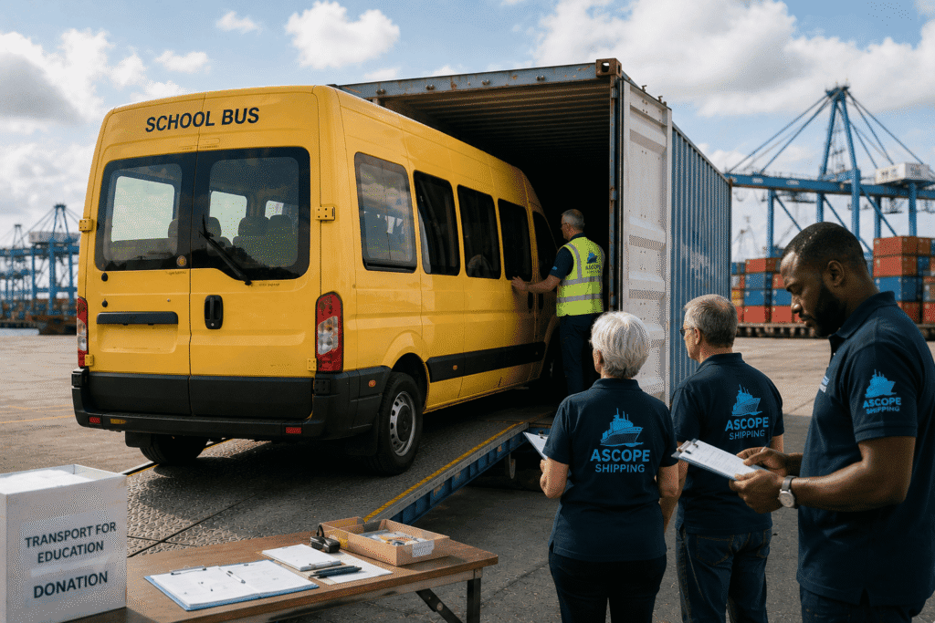 Charity minibus being shipped overseas for a community project