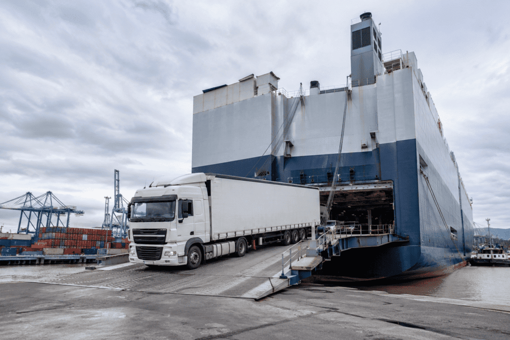 Commercial truck loading onto RoRo vessel for shipping to Zimbabwe