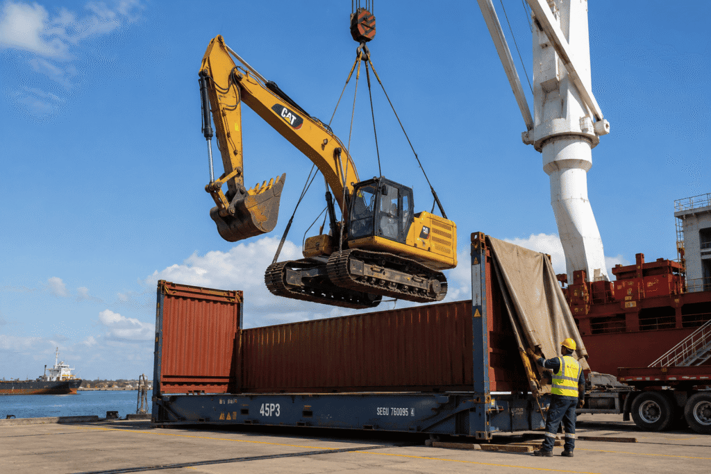 Excavator being loaded into an open-top shipping container