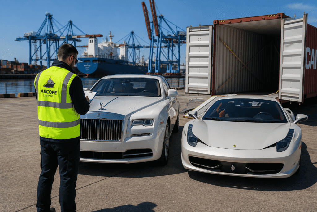 Luxury cars being prepared for enclosed container shipping at UK port