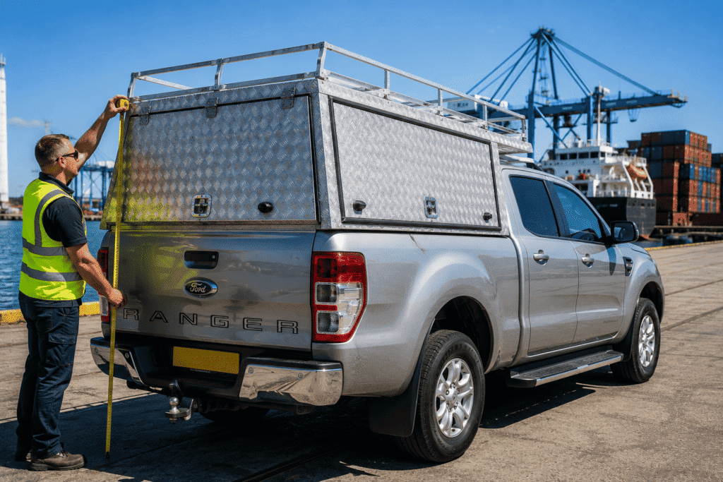 Measuring canopy height on a pickup truck before RoRo shipping