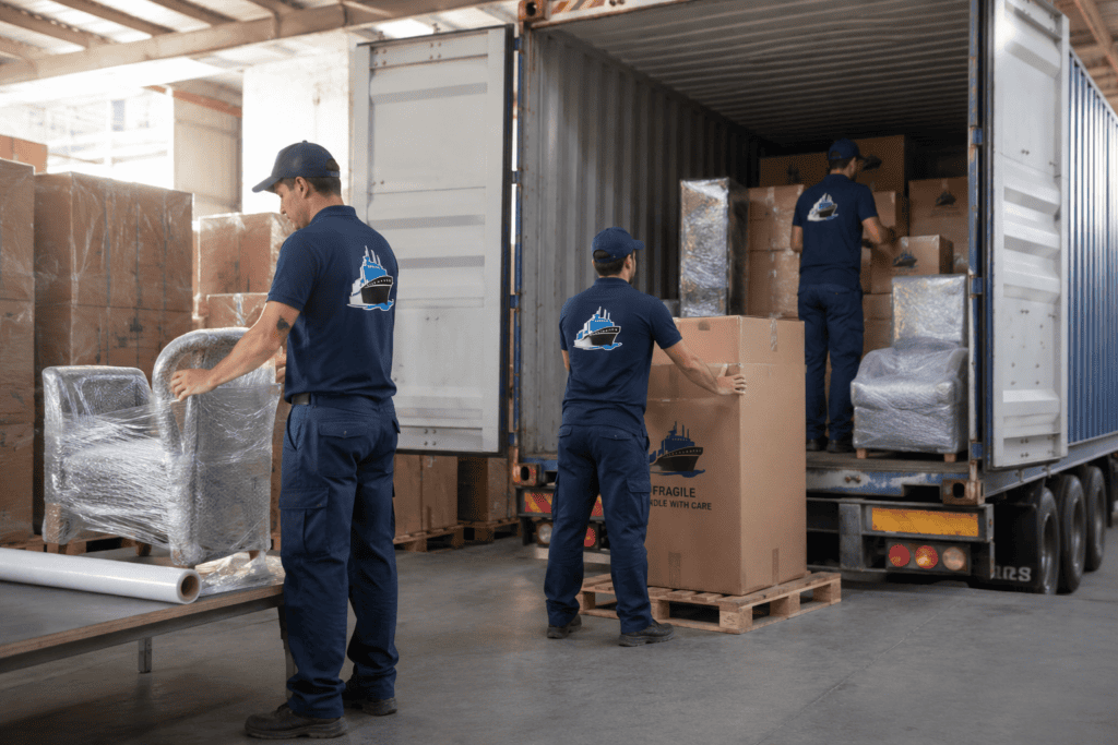 Removal team packing household furniture into shipping container for Kenya relocation