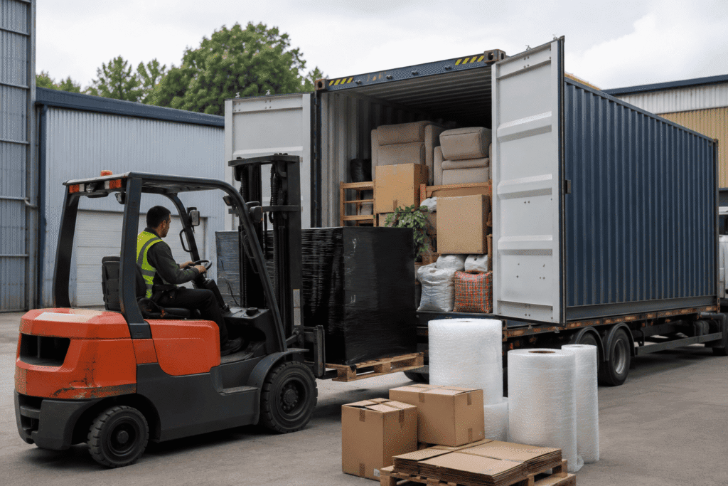 Shipping container being loaded with household goods for export to Togo