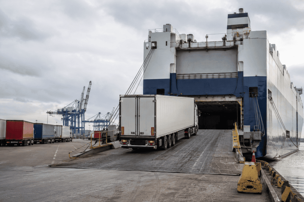 Truck being loaded onto RoRo vessel for shipping to Togo