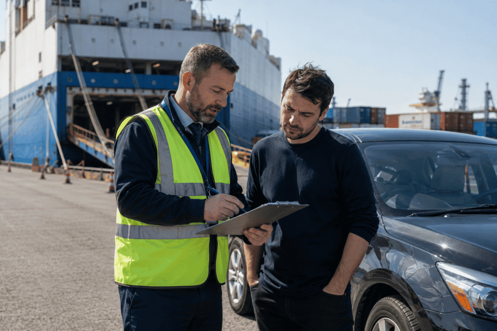 UK vehicle shipping specialist advising customer at port before car export